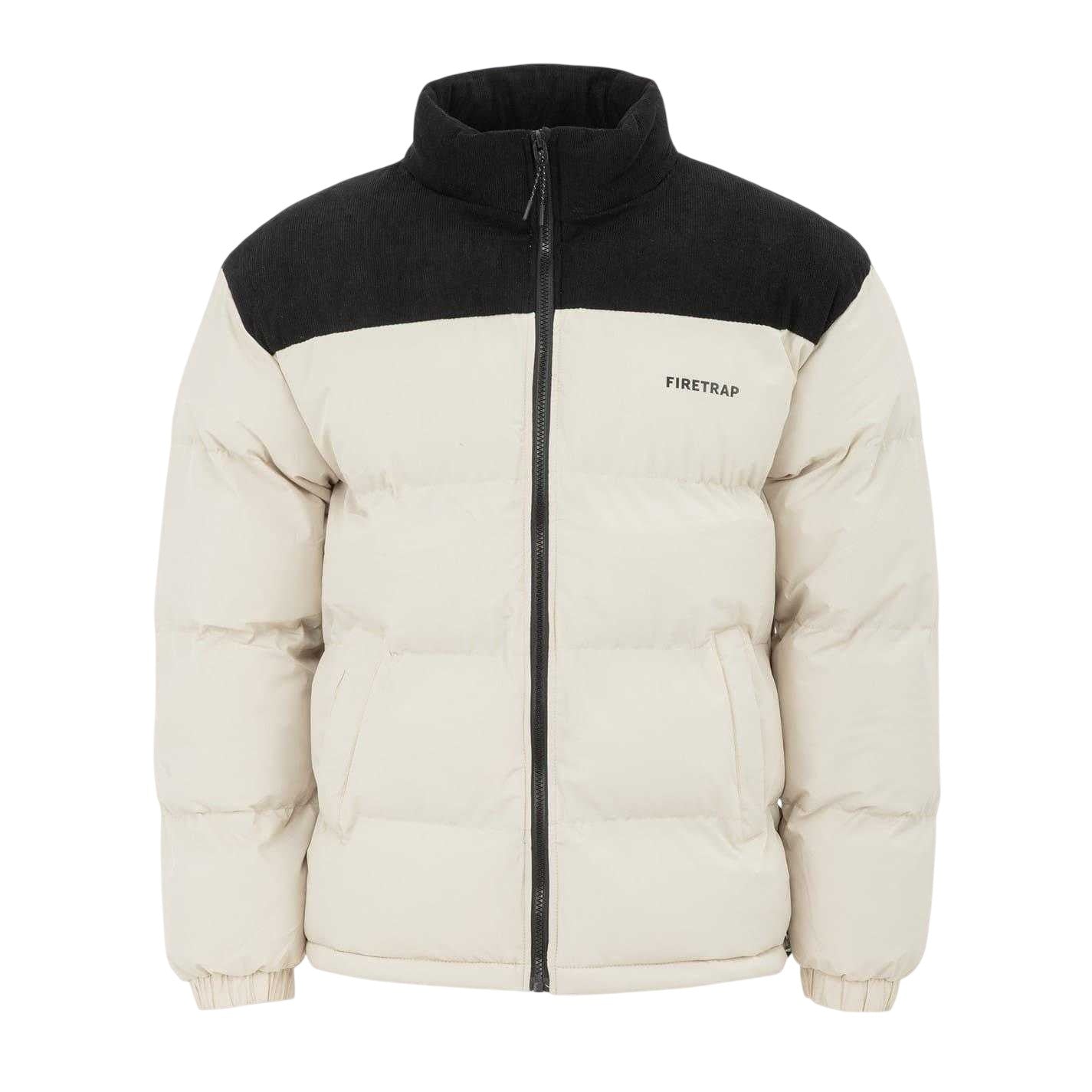 Beige - Front - Firetrap Mens Colour Block Corduroy Quilted Puffer Jacket