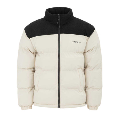 Beige - Front - Firetrap Mens Colour Block Corduroy Quilted Puffer Jacket