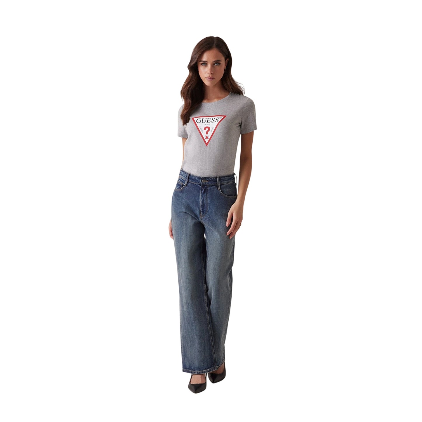 Light Melange - Side - Guess Womens-Ladies Triangle Logo Cotton Blend Slim Short-Sleeved T-Shirt