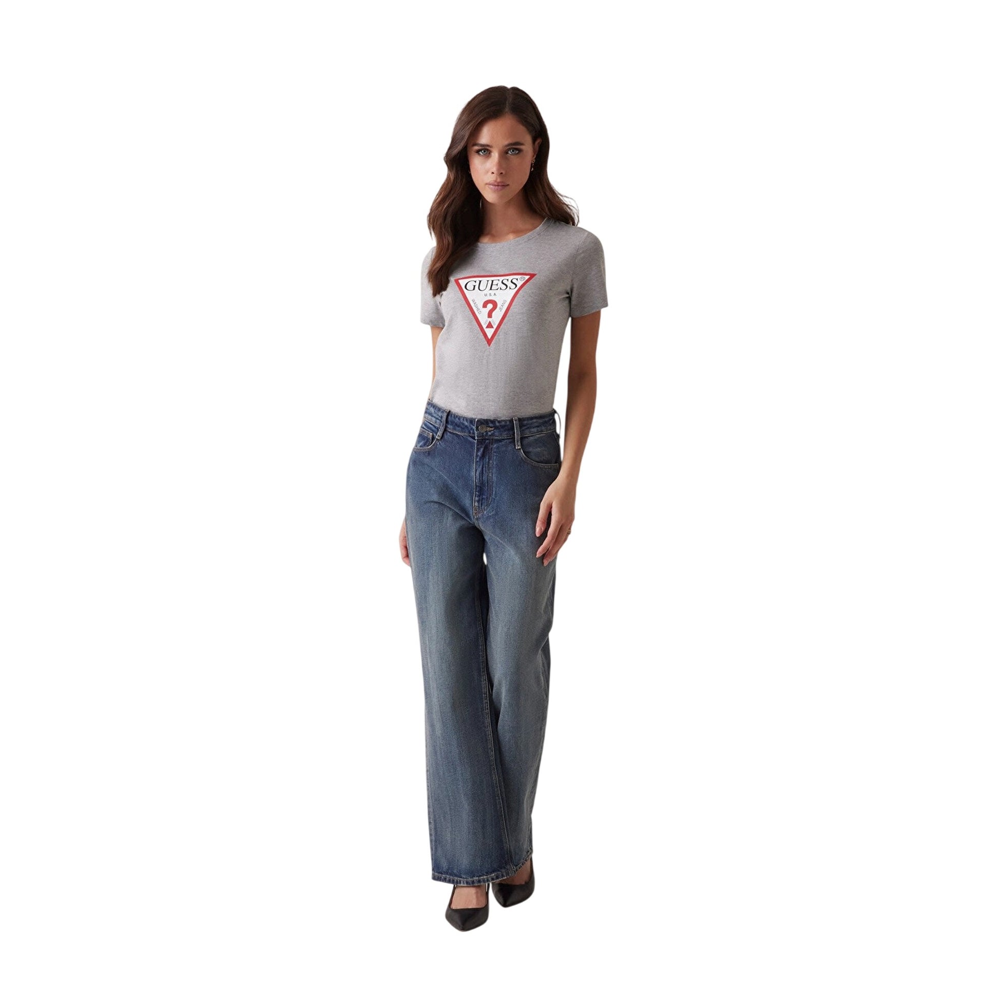 Light Melange - Side - Guess Womens-Ladies Triangle Logo Cotton Blend Slim Short-Sleeved T-Shirt