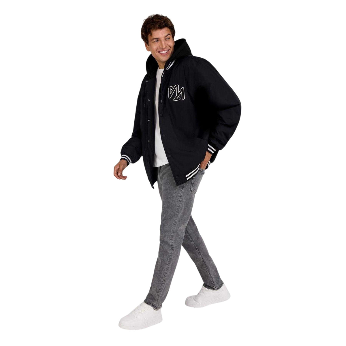 Black - Side - Minoti Mens Embroidered Logo Detachable Hood Varsity Jacket