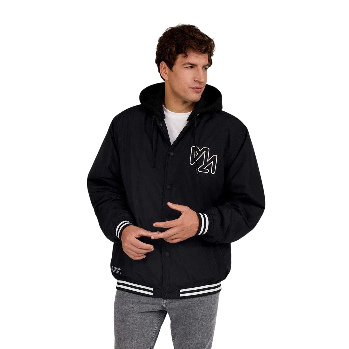 Black - Pack Shot - Minoti Mens Embroidered Logo Detachable Hood Varsity Jacket