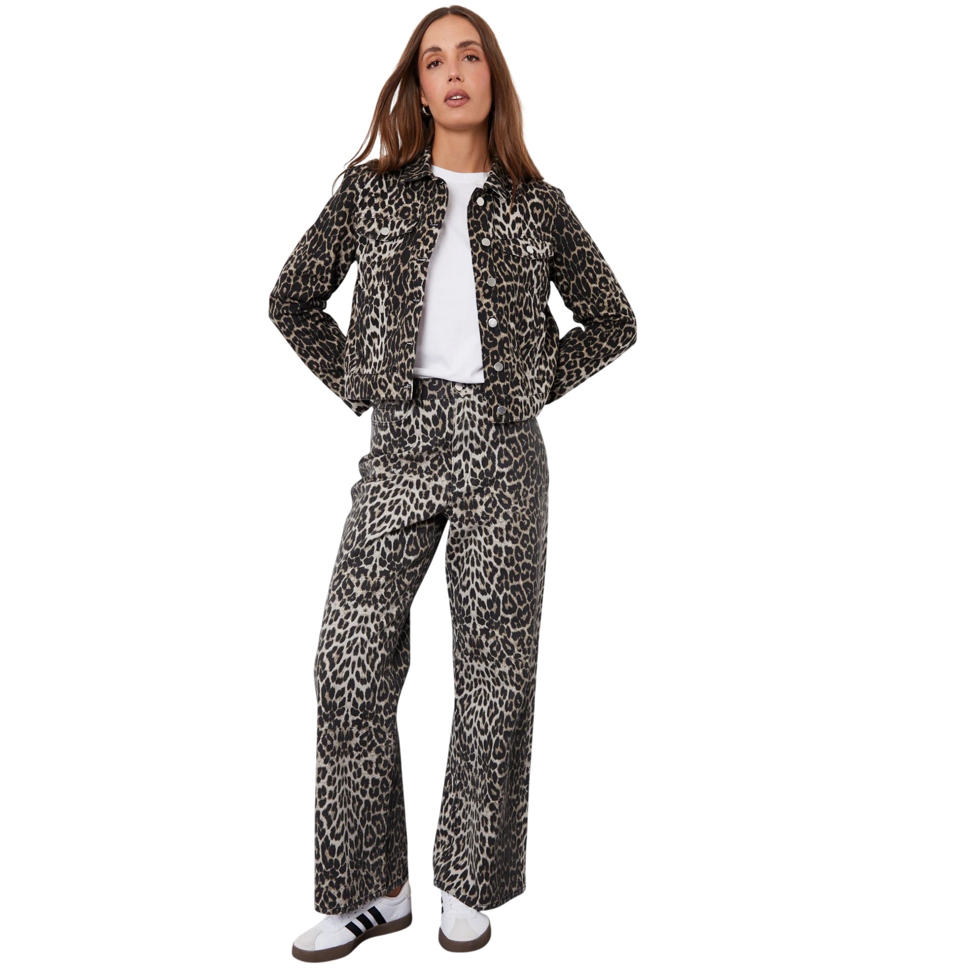 Grey Leopard Print - Side - Threadbare Womens-Ladies Soleil Denim Wide Leg Jeans