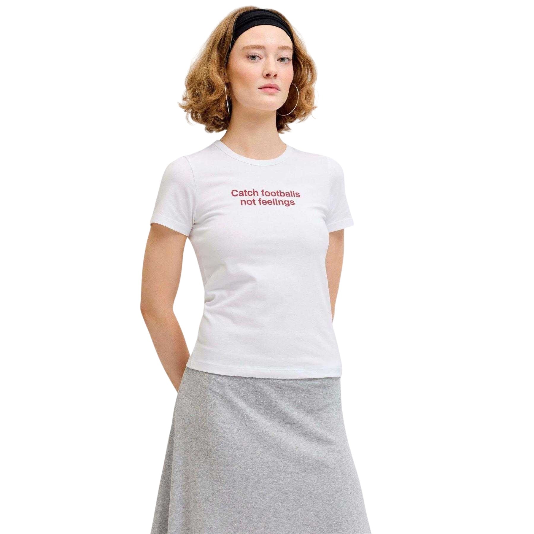 Bright White - Lifestyle - JJXX Womens-Ladies Catch Footballs Not Feelings Cotton Blend T-Shirt