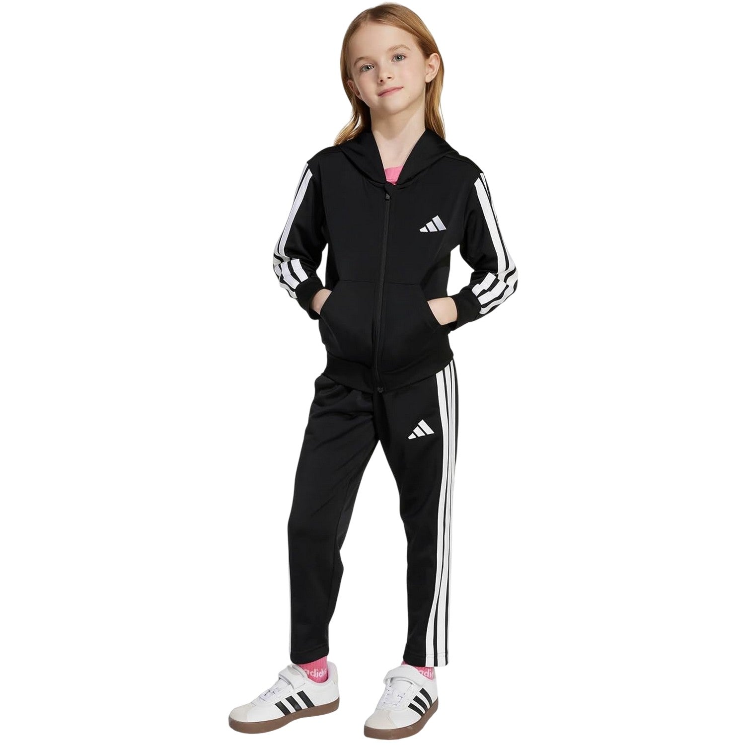 Black-White - Lifestyle - Adidas Childrens-Kids 3 Stripes Two Piece Long-Sleeved Tracksuit