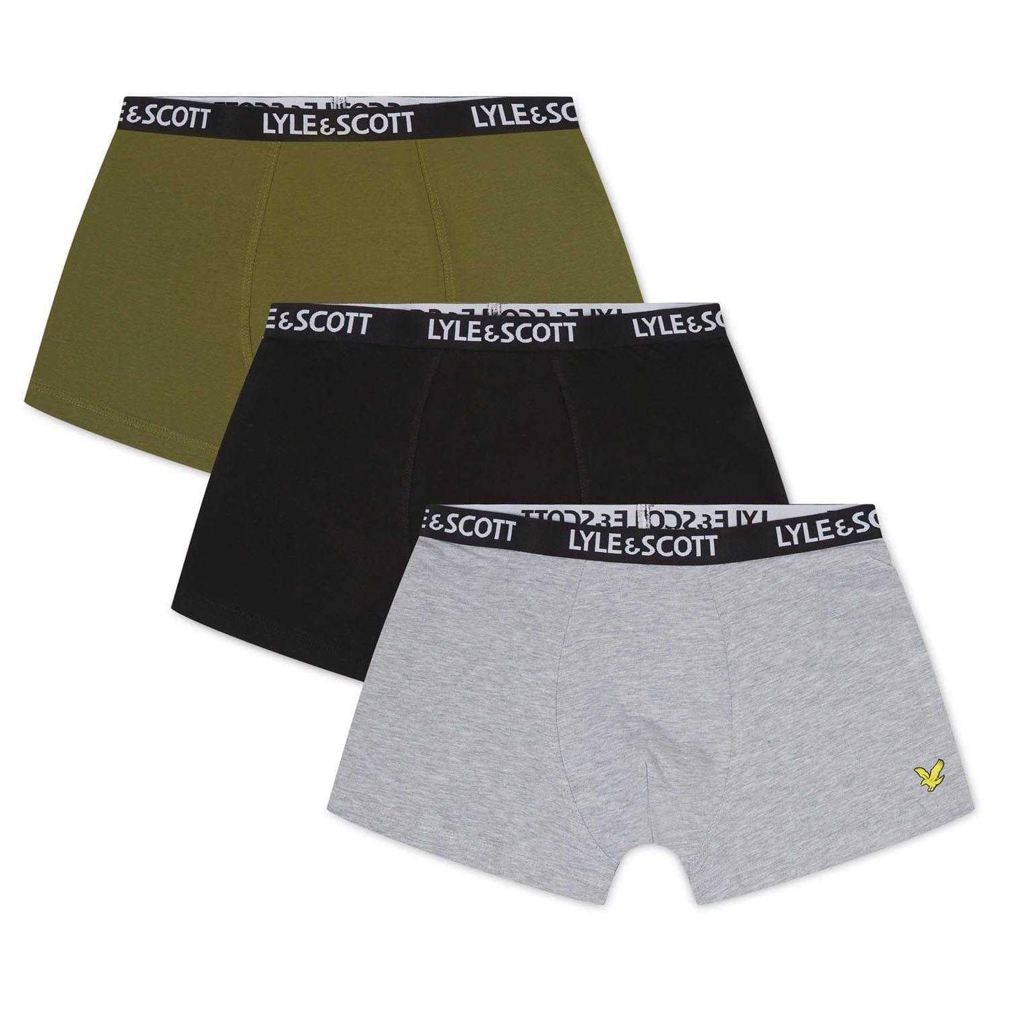 Grey-Olive-Black - Front - Lyle & Scott Boys Core Boxer Shorts (Pack of 3)