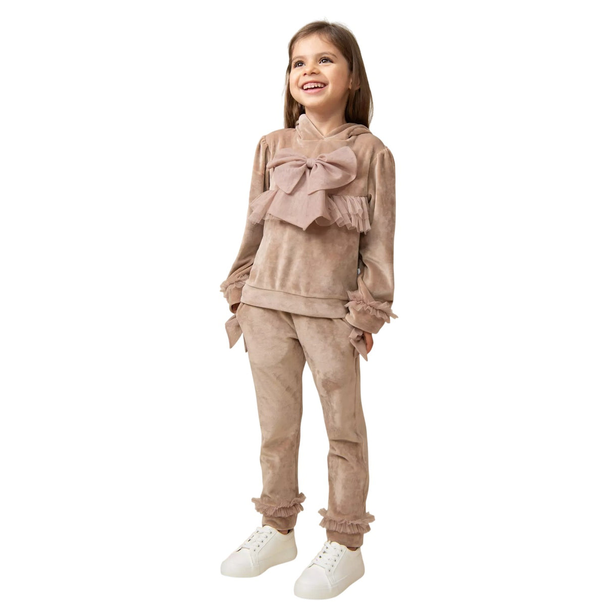 Mink - Side - Caramelo Kids Girls Velvet Hoodie And Joggers Set