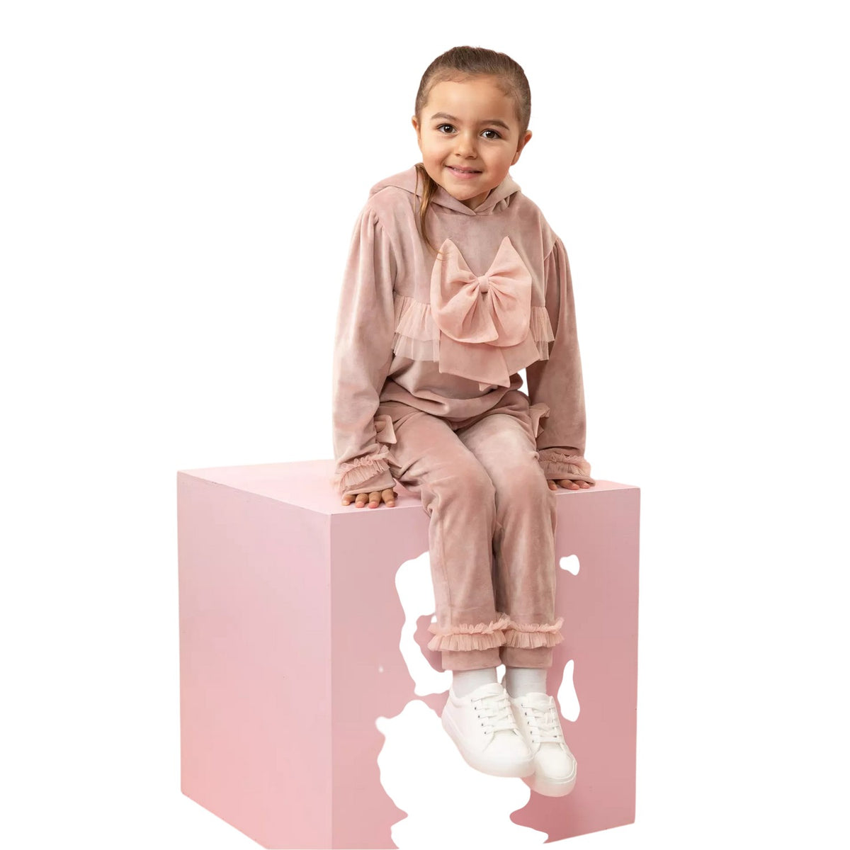 Pink - Back - Caramelo Kids Girls Velvet Hoodie And Joggers Set