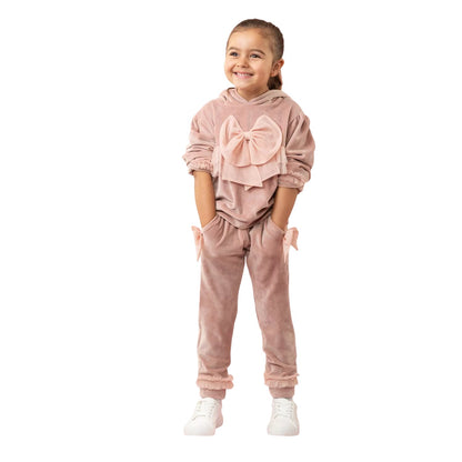 Pink - Side - Caramelo Kids Girls Velvet Hoodie And Joggers Set