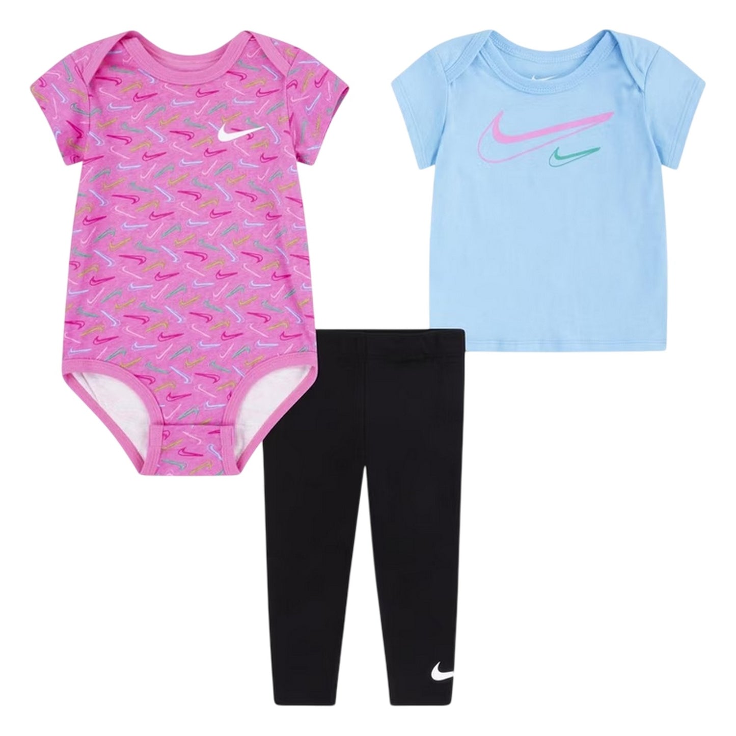 Black-Pink-Blue - Front - Nike Baby Girls Swoosh Top & Bottom Set (Pack of 3)