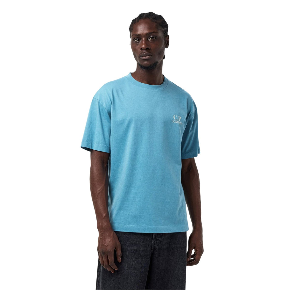 Aegean Blue - Side - C.P. Company Mens Double Logo Cotton Relaxed Fit Casual T-Shirt