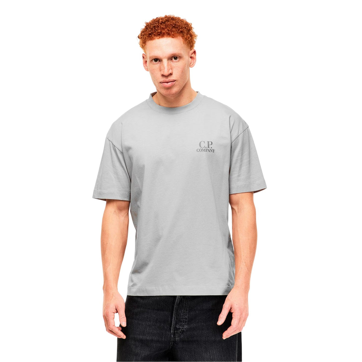Silver - Side - C.P. Company Mens Double Logo Cotton Relaxed Fit Casual T-Shirt