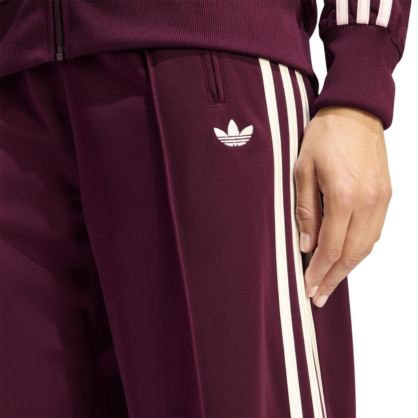 Maroon - Side - Adidas Womens-Ladies Firebird Polyester 3 Stripes Loose Tracksuit Bottoms