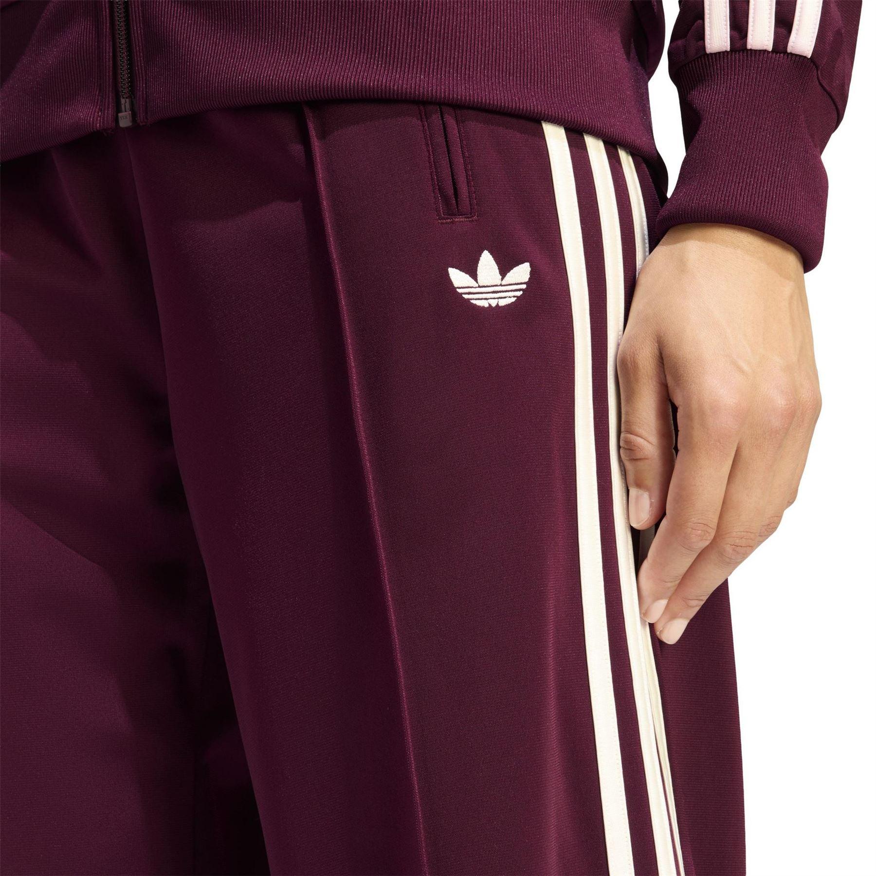 Maroon - Side - Adidas Womens-Ladies Firebird Polyester 3 Stripes Loose Tracksuit Bottoms