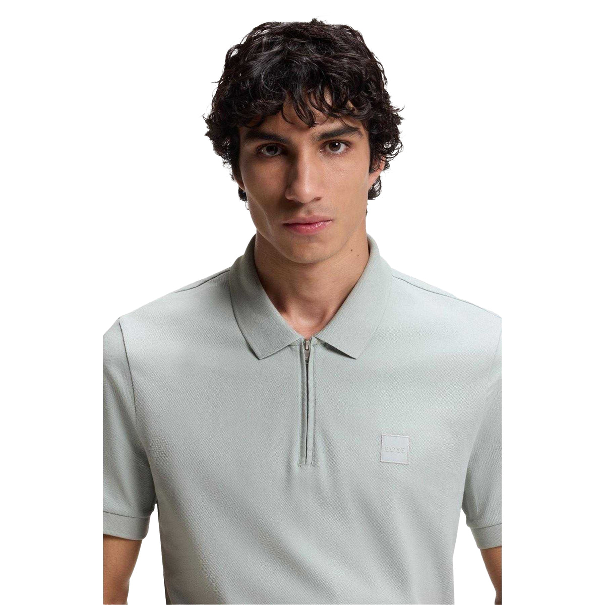 Silver - Side - Boss Mens Logo Quarter Zip Polo Shirt