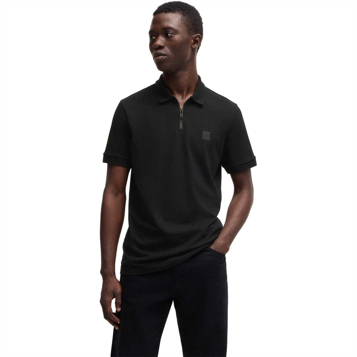 Black - Lifestyle - Boss Mens Logo Quarter Zip Polo Shirt