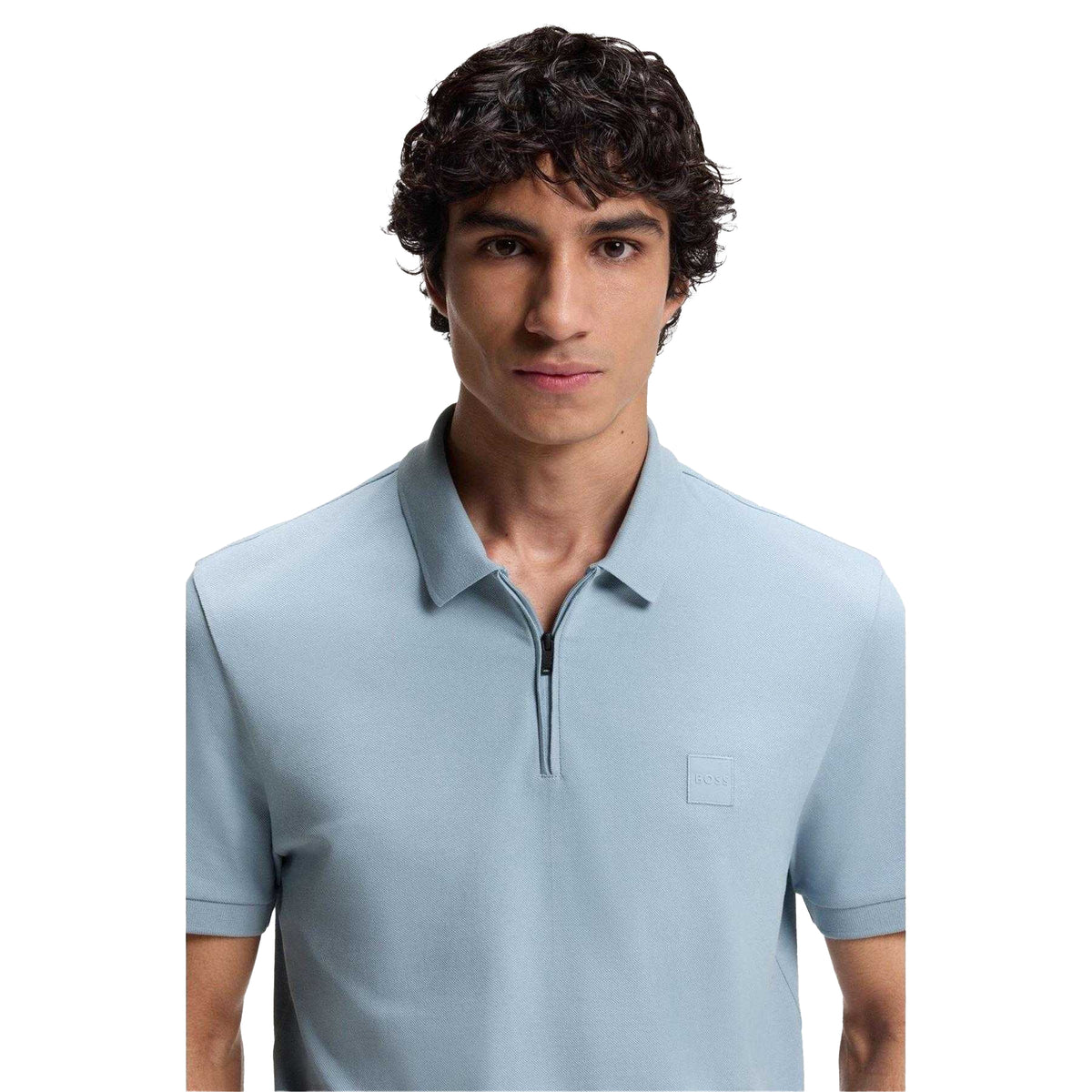 Blue - Side - Boss Mens Logo Quarter Zip Polo Shirt