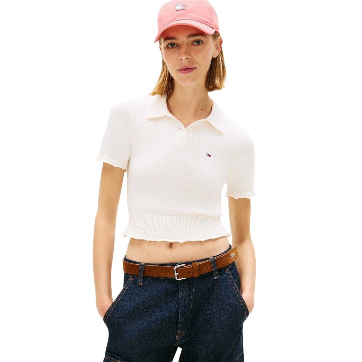 White - Side - Tommy Jeans Womens-Ladies Logo Polo Shirt