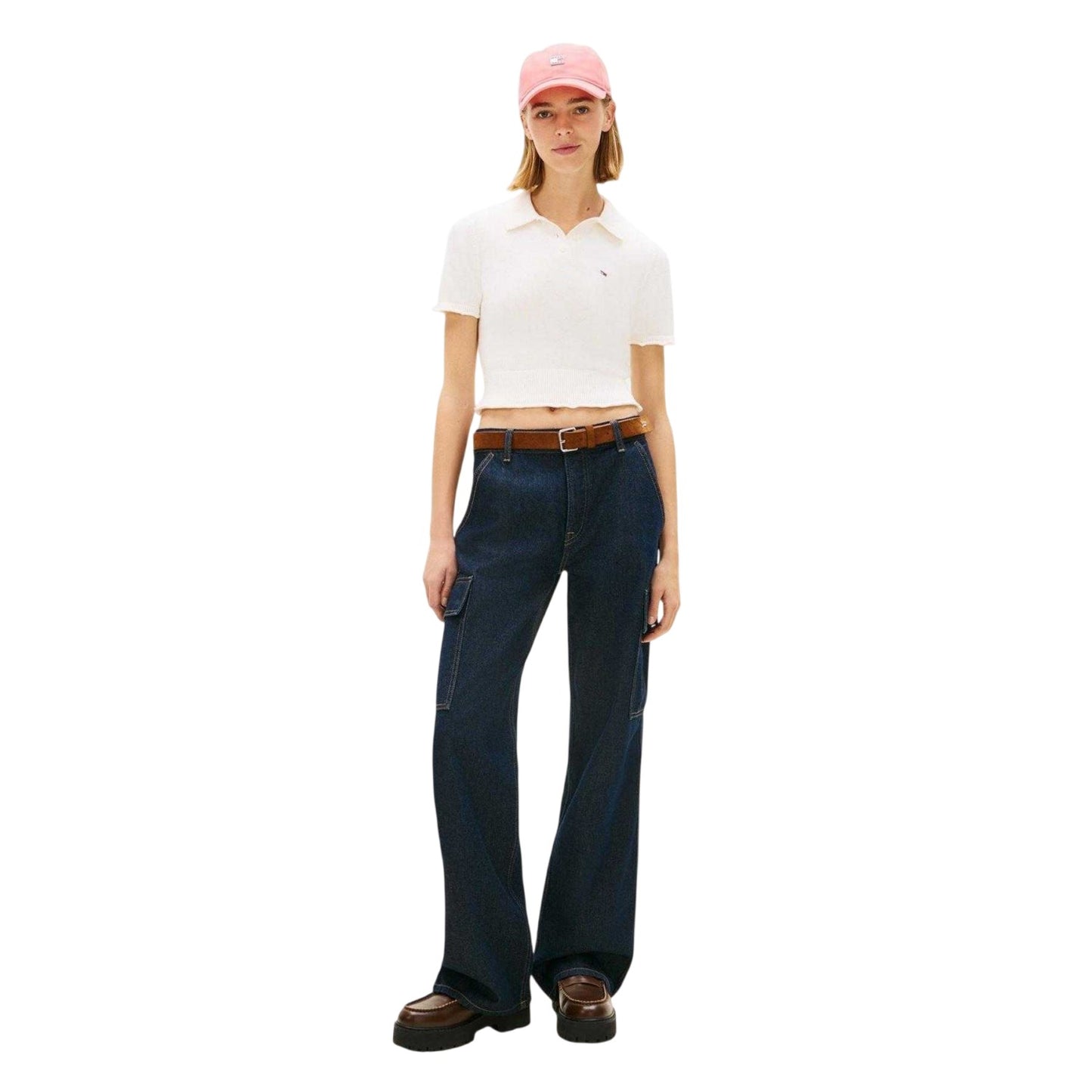 White - Pack Shot - Tommy Jeans Womens-Ladies Logo Polo Shirt
