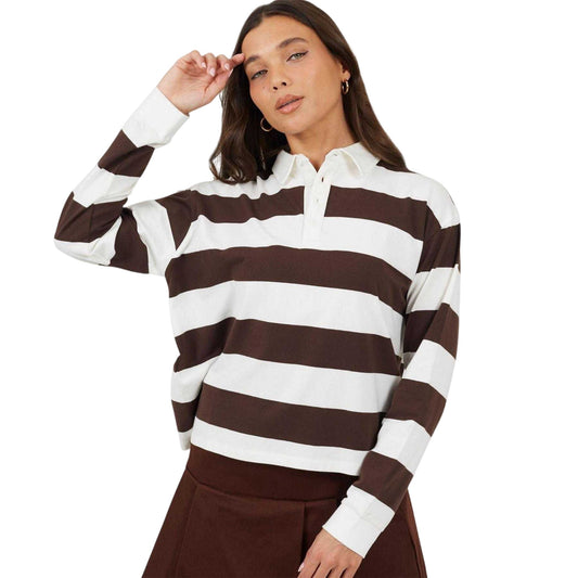 Chocolate-Cream - Front - Brave Soul Womens-Ladies Horizontal Stripe Long-Sleeved Rugby Shirt