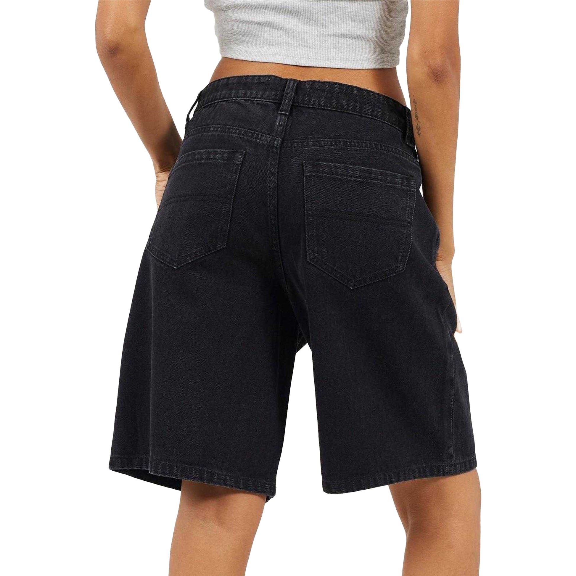 Washed Black - Back - Brave Soul Womens-Ladies Denim Wide Leg Shorts