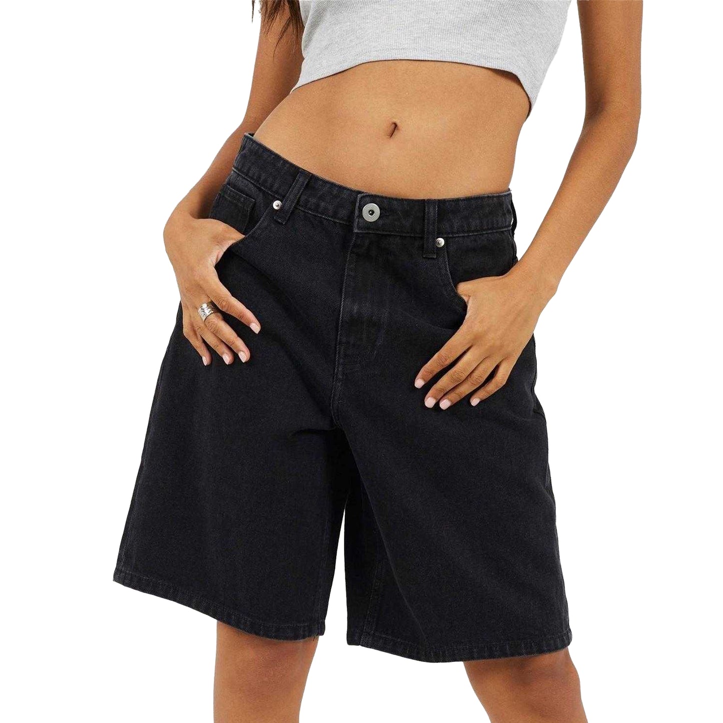 Washed Black - Front - Brave Soul Womens-Ladies Denim Wide Leg Shorts