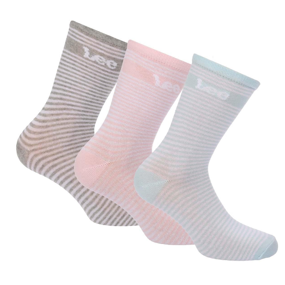 Pink-Blue-Grey - Front - Lee Womens-Ladies Striped Crew Socks (Pack of 3)