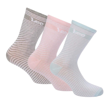 Pink-Blue-Grey - Front - Lee Womens-Ladies Striped Crew Socks (Pack of 3)