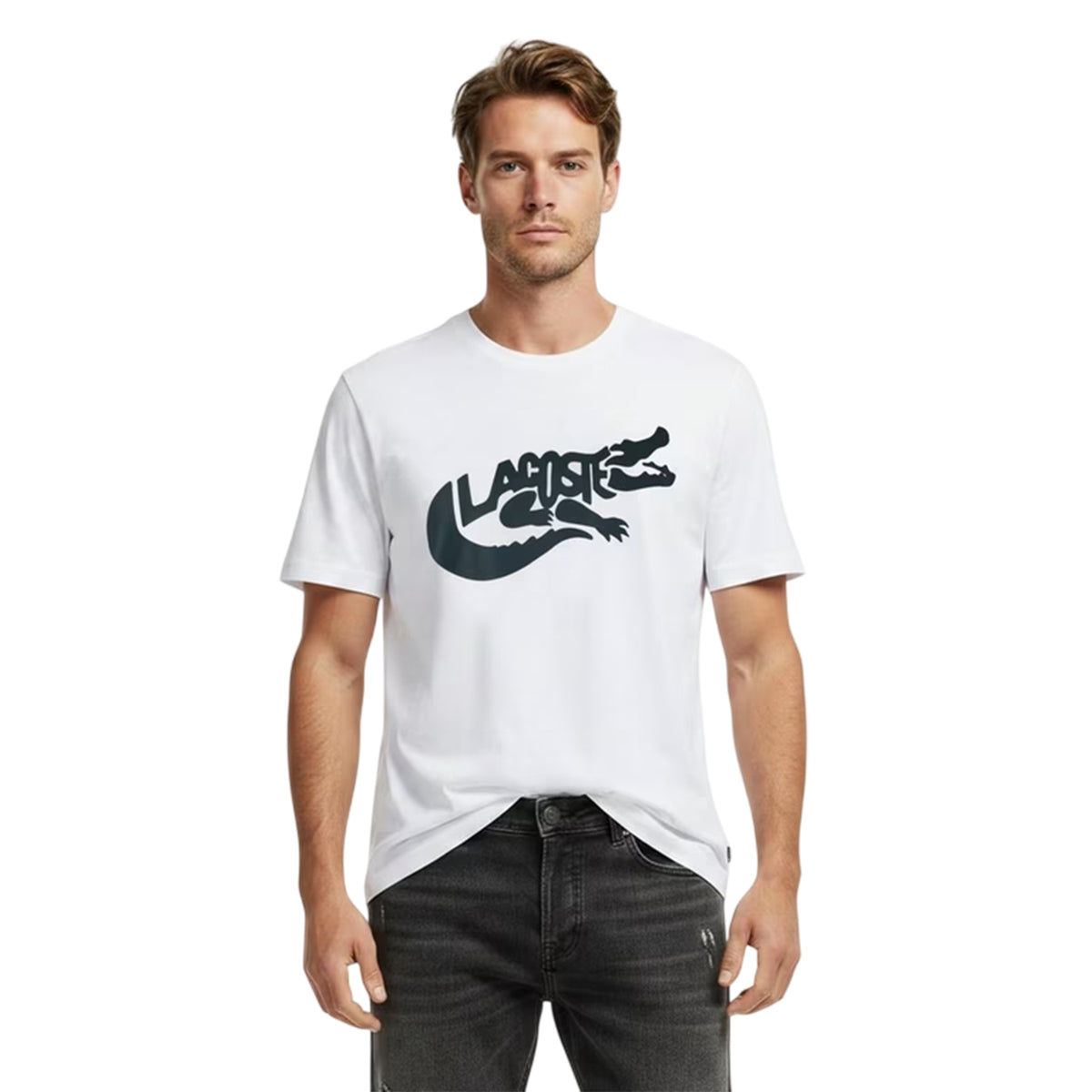 White - Side - Lacoste Mens Croc Script Graphic Logo Classic T-Shirt