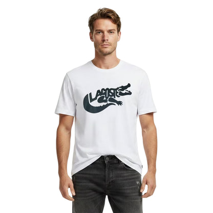 White - Side - Lacoste Mens Croc Script Graphic Logo Classic T-Shirt