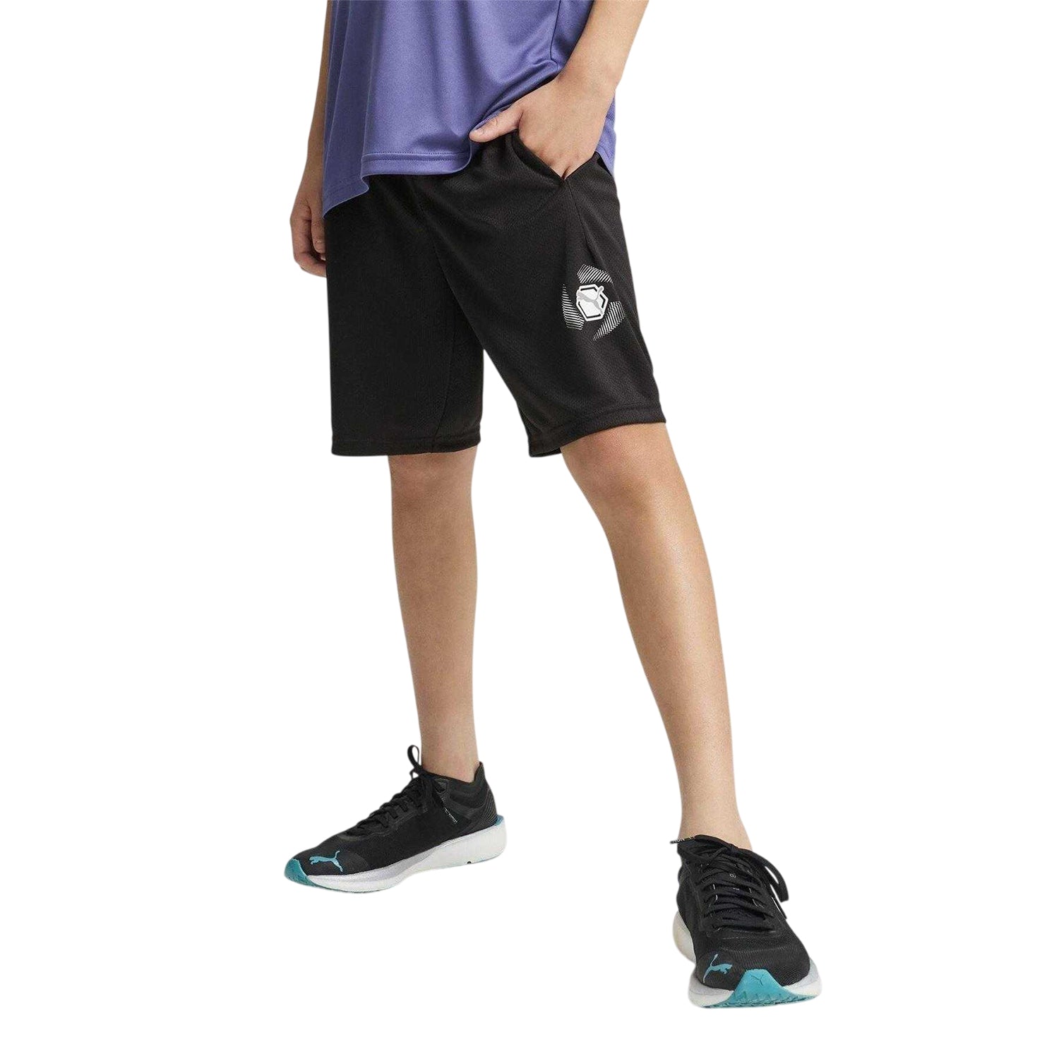 Puma Black - Side - Puma Childrens-Kids Active Graphic Print Elasticated Waist Shorts