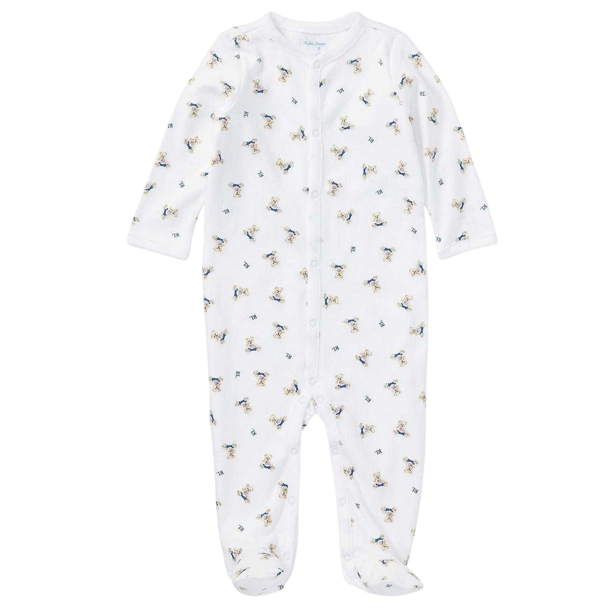 White-Blue - Front - Ralph Lauren Baby Teddy Bear Sleepsuit