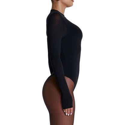 Black - Side - Naked Wardrobe Womens-Ladies Mock Neck Bodysuit