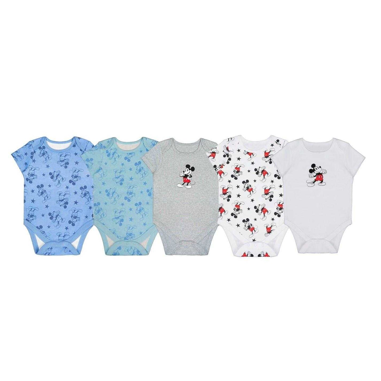 Blue-Grey-White - Front - Disney Baby Mickey Mouse Cotton Bodysuit (Pack of 5)