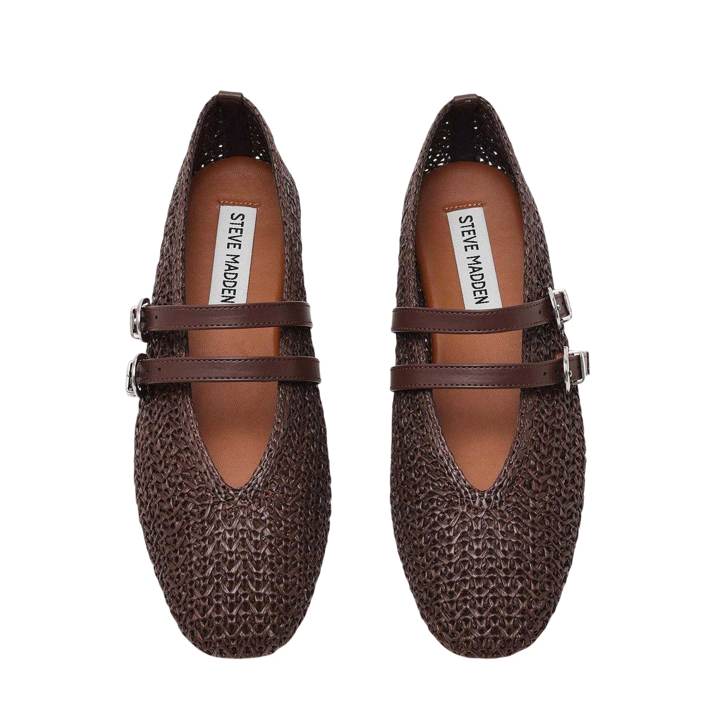 Brown - Side - Steve Madden Womens-Ladies Double Strap Ballet Flats