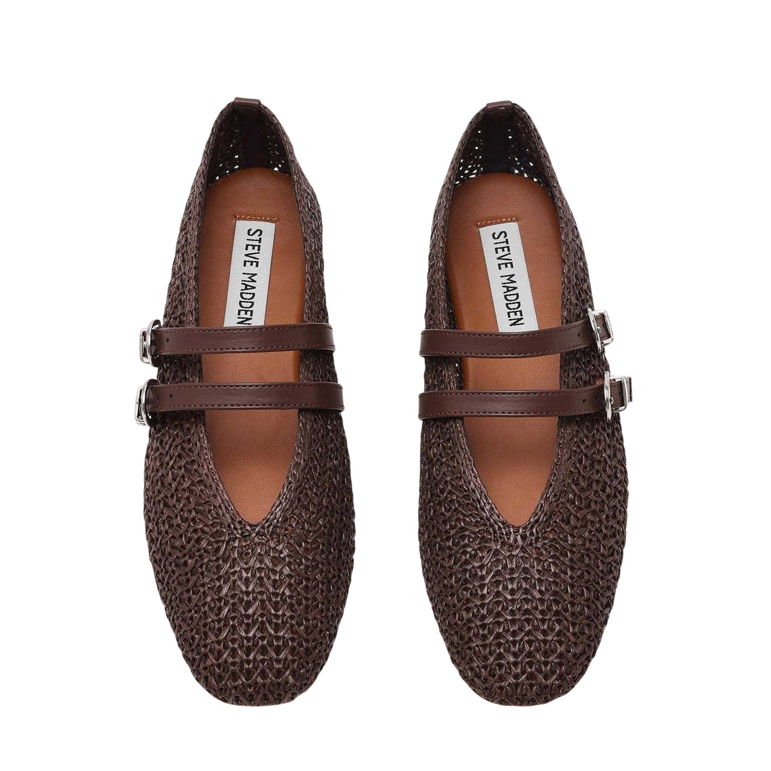 Brown - Side - Steve Madden Womens-Ladies Double Strap Ballet Flats