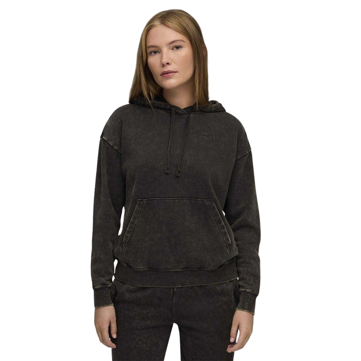 Black - Side - Puma Womens-Ladies Essentials Elevated Washed Overhead Hoodie
