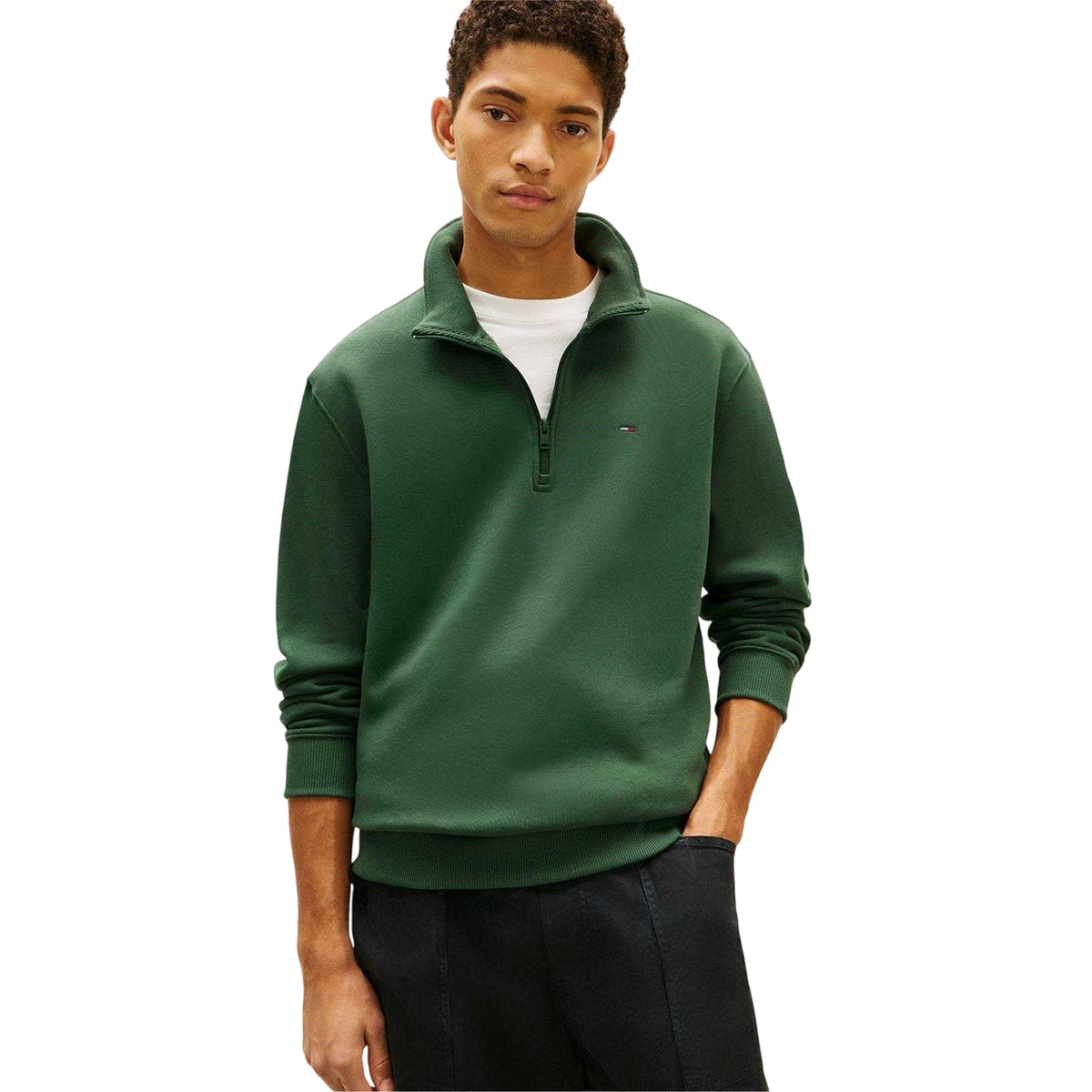 Pine Green - Side - Tommy Jeans Mens Fleece Quarter Zip Jumper