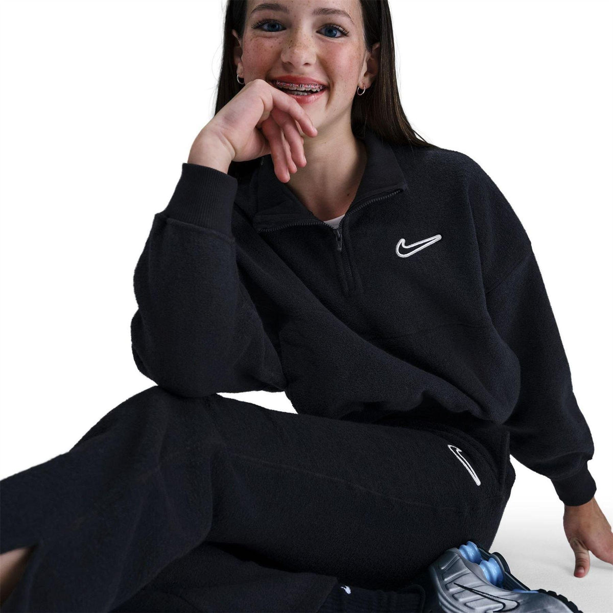 Black-White - Side - Nike Girls Fleece High Collar Sweatshirt