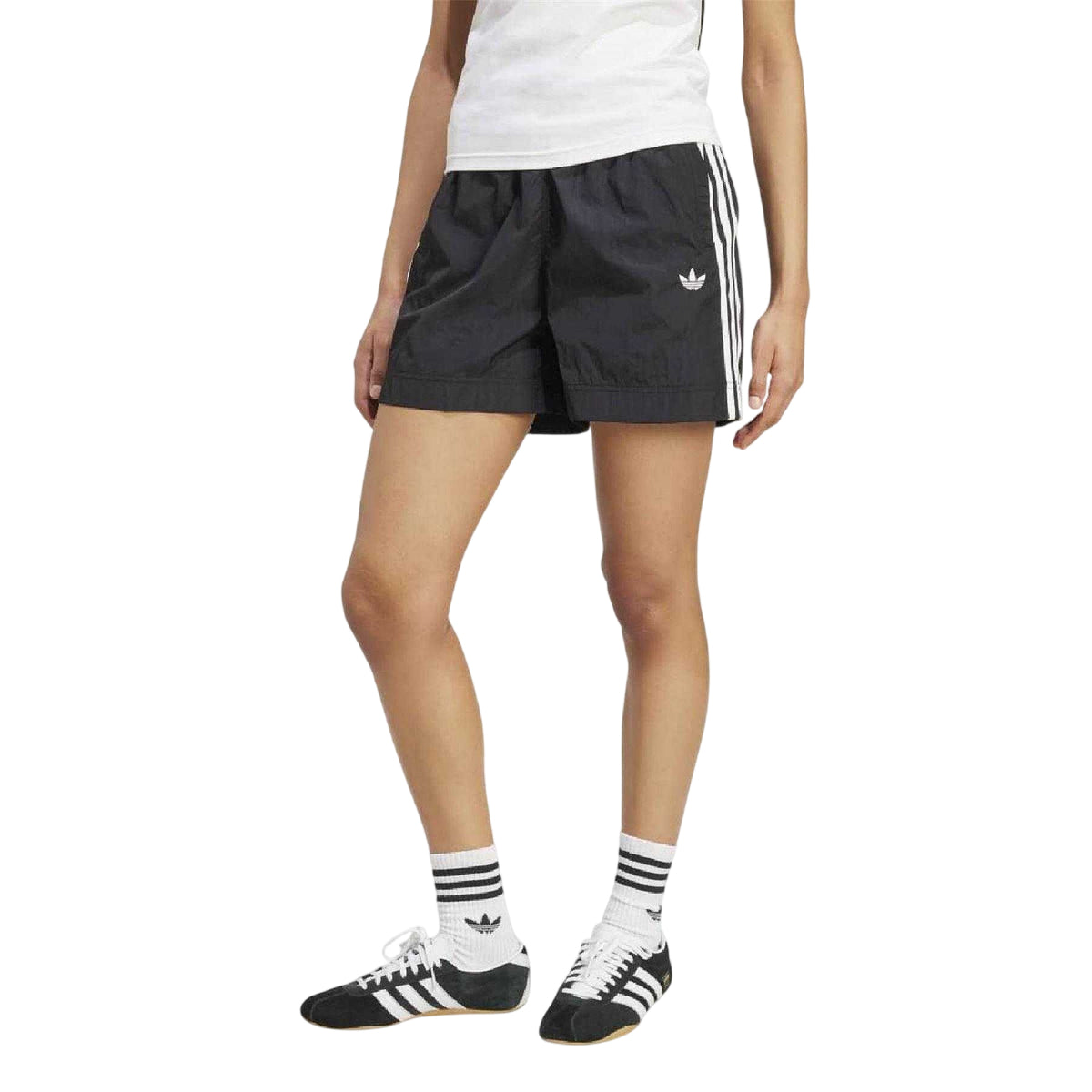 Black - Side - Adidas Womens-Ladies Adicolor Woven 3 Stripes Lightweight Loose Fit Shorts