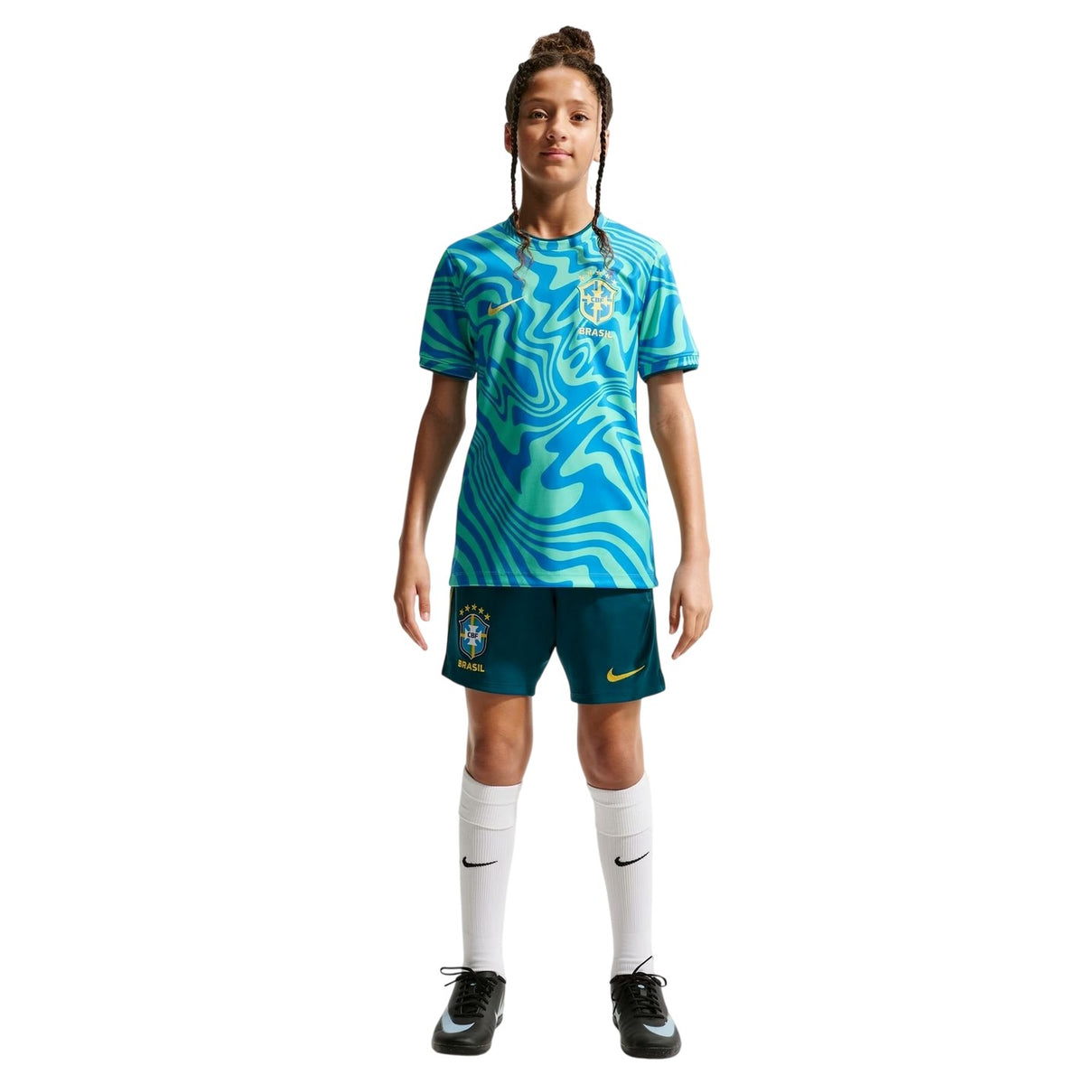 Yellow-Blue - Pack Shot - Nike Childrens-Kids Pre Match 2026 Brazil Football Shirt
