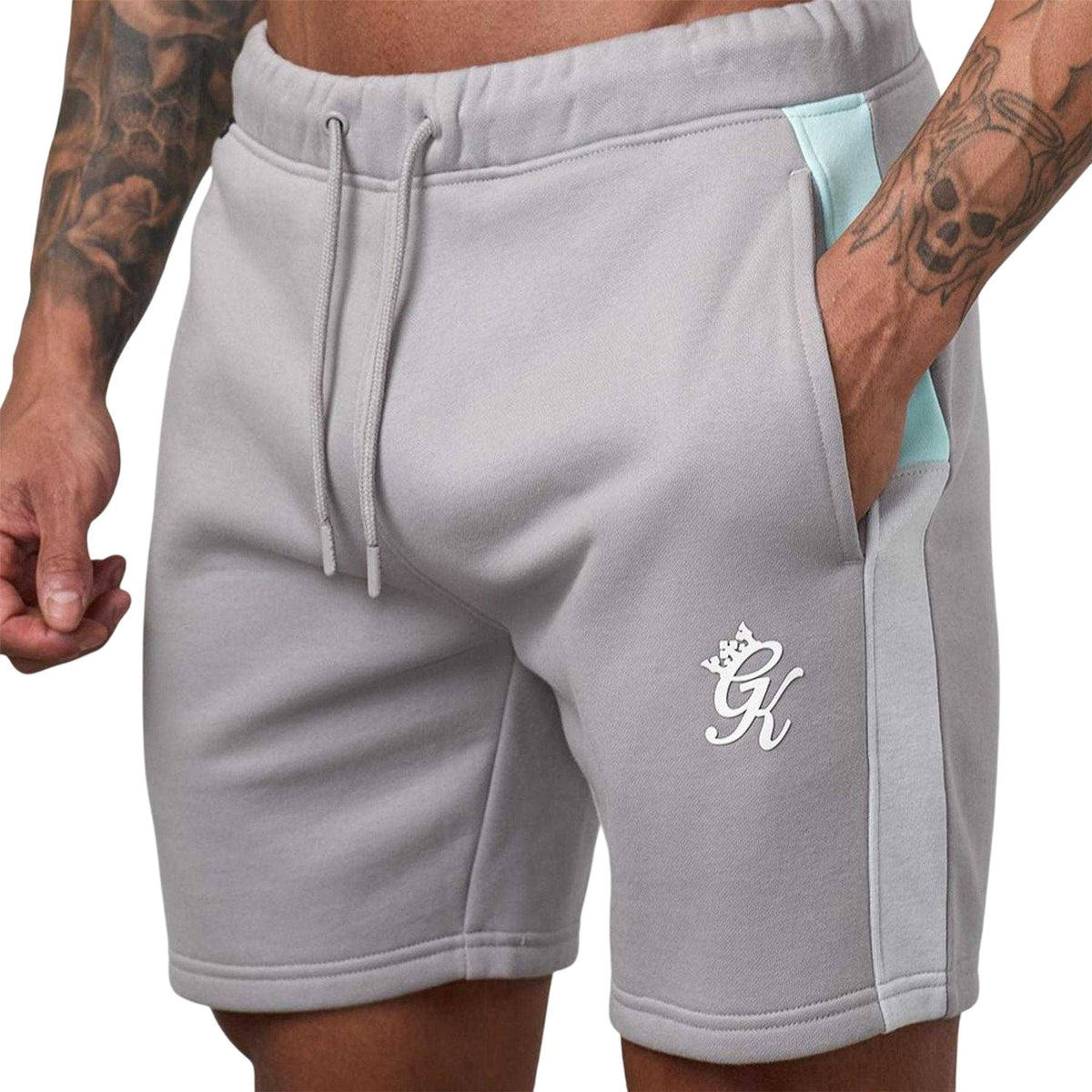 Grey-Seafoam - Side - Gym King Mens Cotton Jersey Contrast Panel Shorts