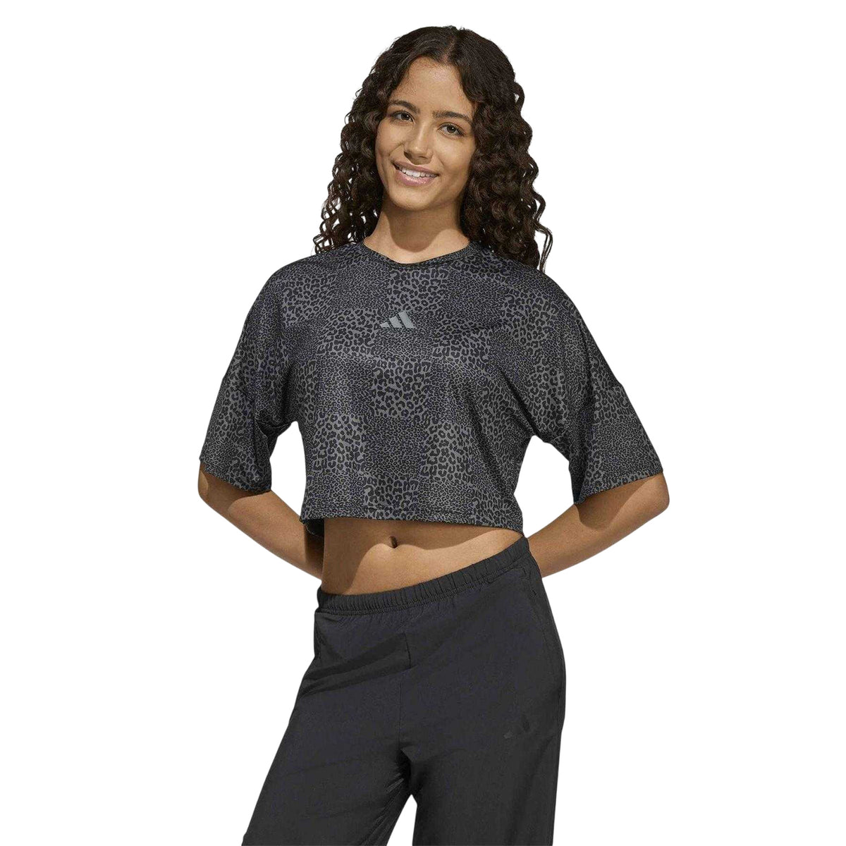 Black - Side - Adidas Girls Leopard Print Crop Top