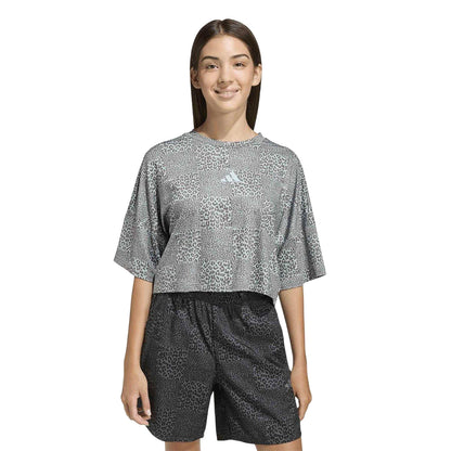 Sage-Charcoal - Side - Adidas Girls Leopard Print Crop Top