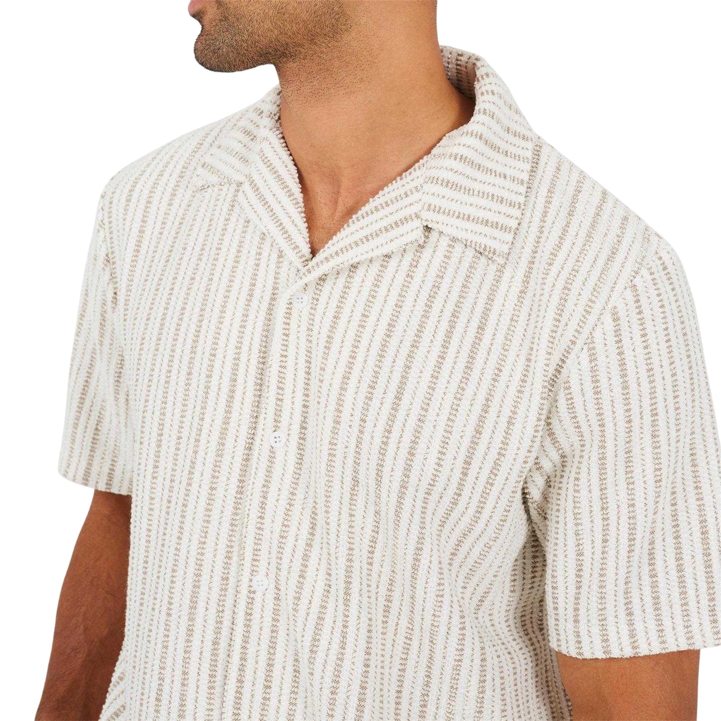 Cream-Taupe - Side - Brave Soul Mens Striped Textured Revere Collar Short-Sleeved Shirt
