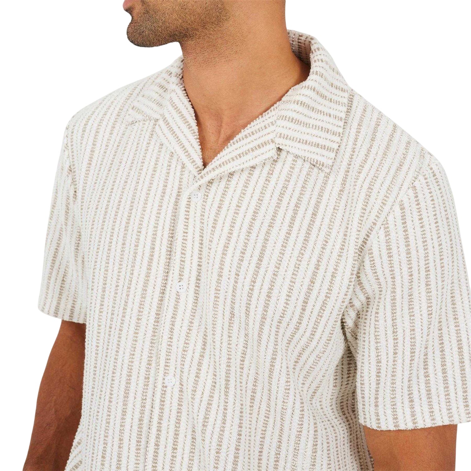 Cream-Taupe - Side - Brave Soul Mens Striped Textured Revere Collar Short-Sleeved Shirt