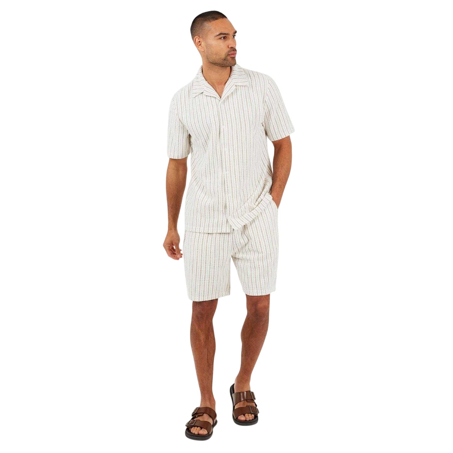 Cream-Taupe - Lifestyle - Brave Soul Mens Striped Textured Revere Collar Short-Sleeved Shirt