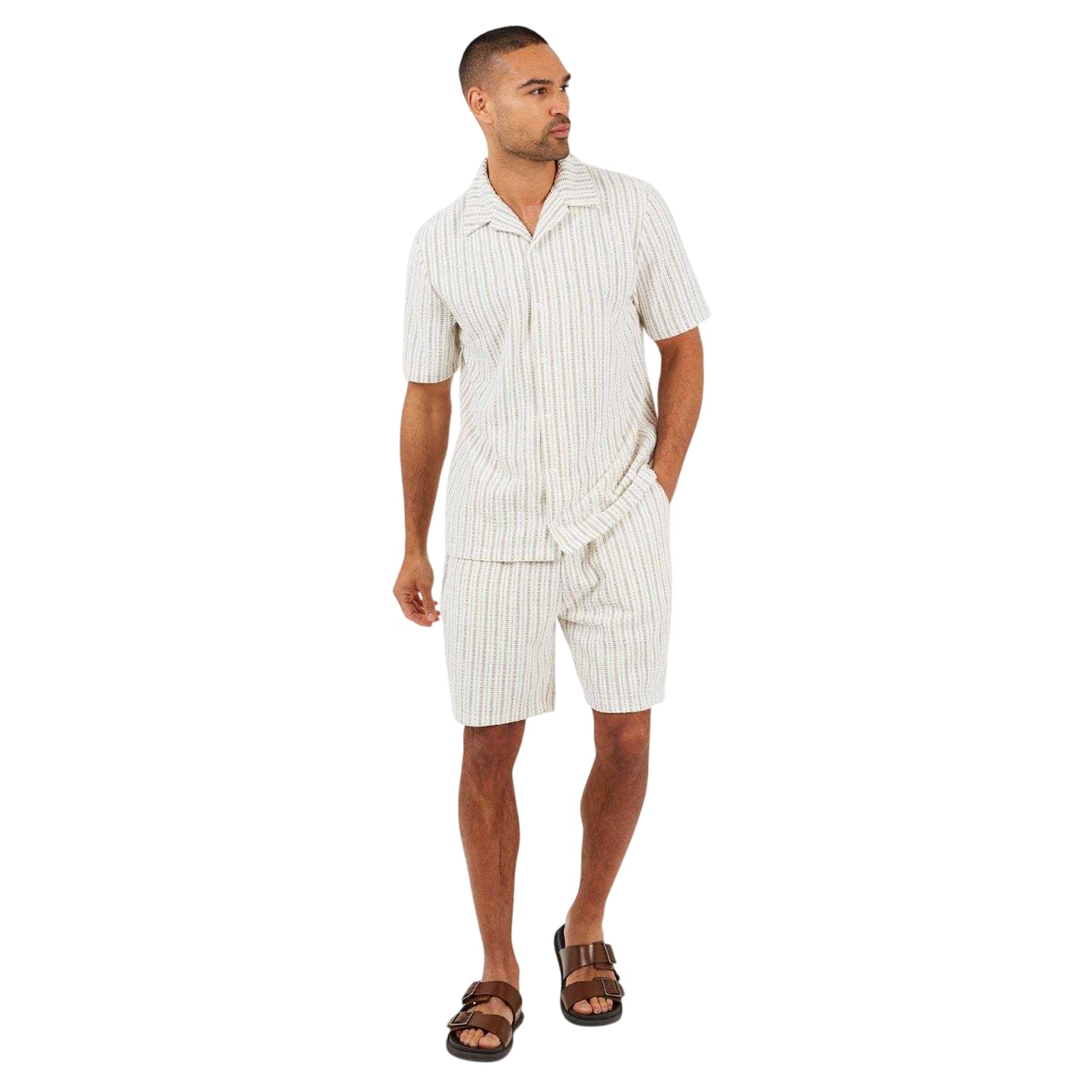 Cream-Taupe - Lifestyle - Brave Soul Mens Striped Textured Revere Collar Short-Sleeved Shirt