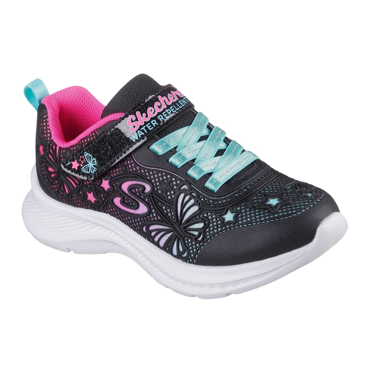 Black-Pink-Teal - Side - Skechers Girls Flower Low Cut Trainers
