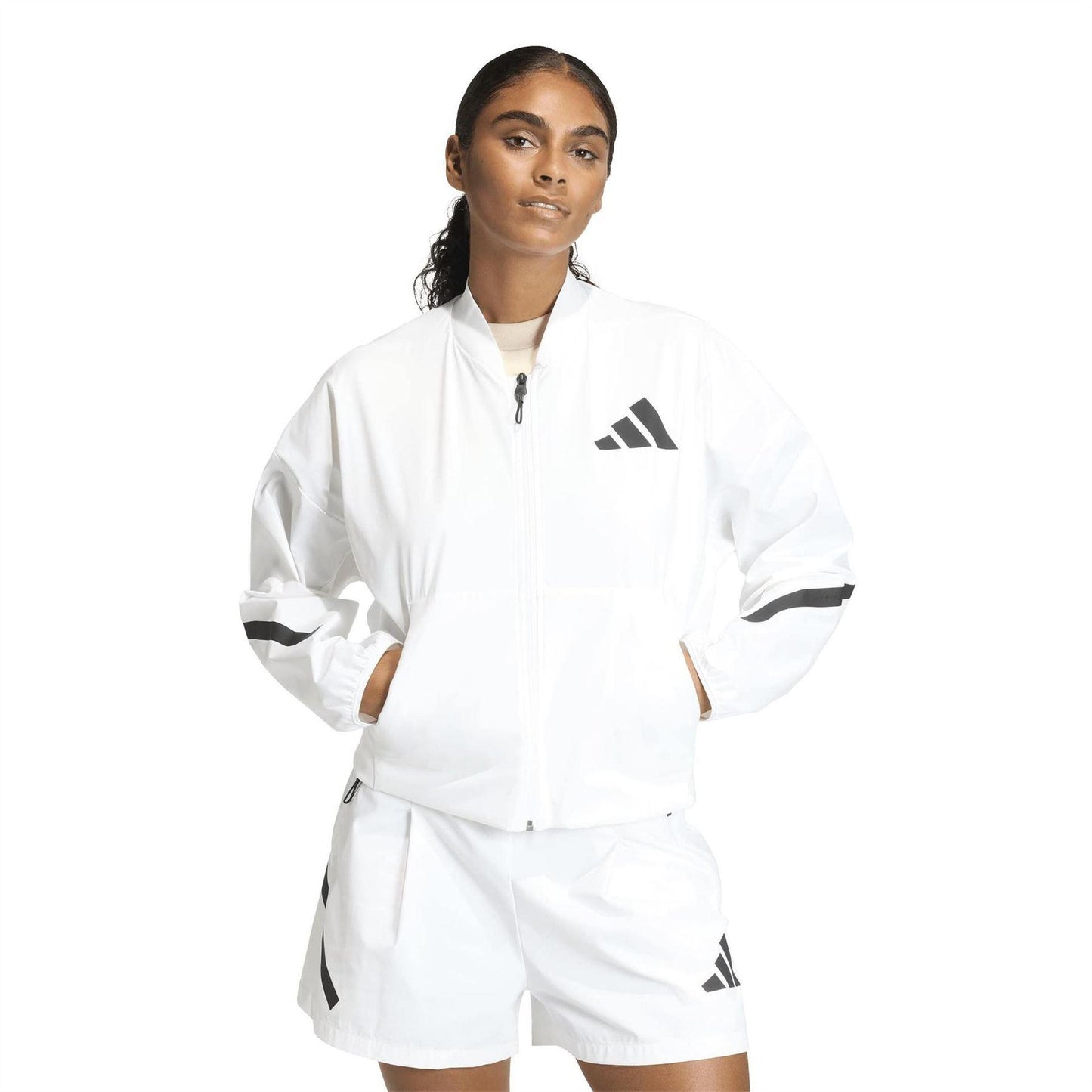 White - Pack Shot - Adidas Womens-Ladies Z.N.E. Woven Bomber Jacket